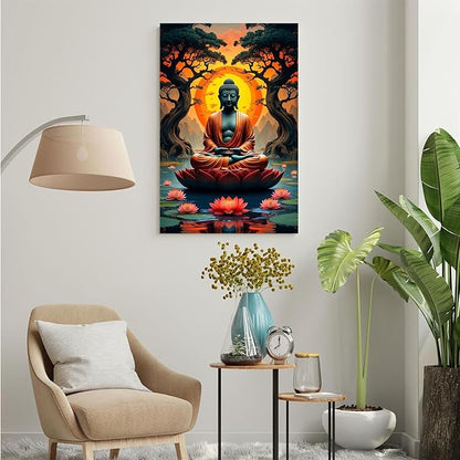 Canvas wall art Golden Buddha on lotus at sunset Ancient trees with reflections on water Serene meditation scene Uplifting wall art for mindfulness and tranquil home decor 28x40in Frameless