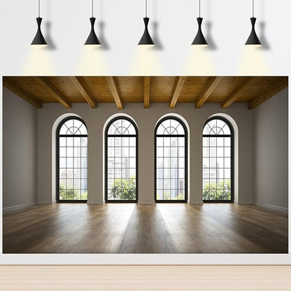 Empty Room Backdrop Concrete Walls Wooden Floor with Big Arched Windows Dance Photography Background Empty Loft Style with Brick Wall Photography Party Decorations Photo Studio Props 8x6ft