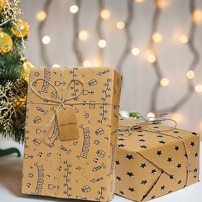 BWLOIES Wrapping Paper Set,Eco Gift Wrapping Paper Folded Sheets,Birthday Gift Wrap Kit,Eco Birthday Paper Recycled Kraft Gift Wrapper paper for Girls Kids Man Boys Women,Tags string