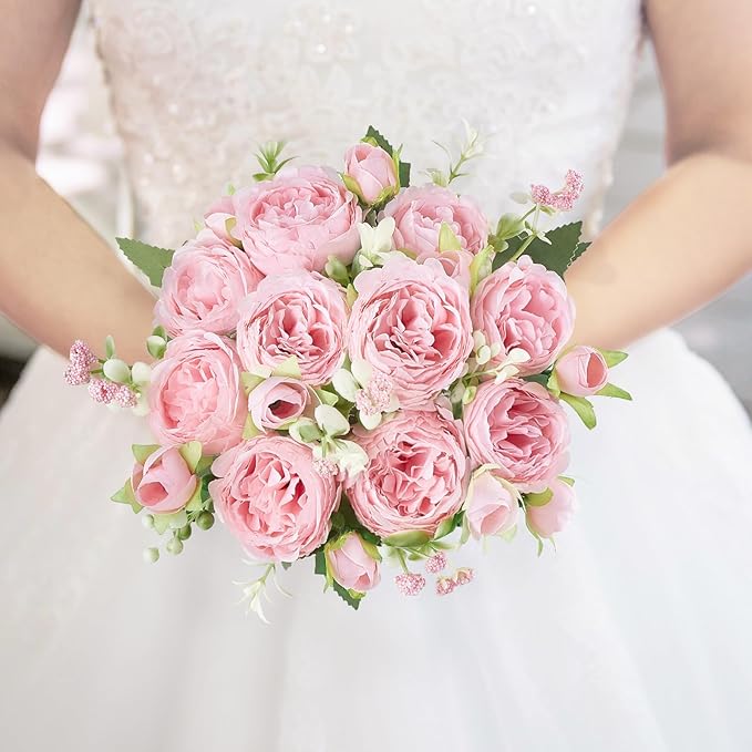 Mkono Peonies Artificial Flowers, Small Silk Flowers for Home Decor Indoor Fake Bouquet Faux Floral Arrangements Dining Table Centerpieces for Kitchen Bridal Wedding Party Decor Pink