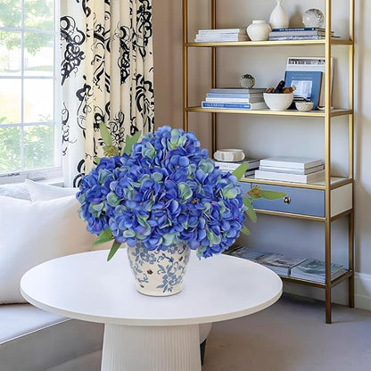 Hollyone Blue Silk Hydrangea Artificial Flowers Heads 7.4inch Large Fake Hydrangea 4Pcs Full Faux Flowers with Stems for Wedding Party Table Centerpieces Flower Arrangement Home Decor