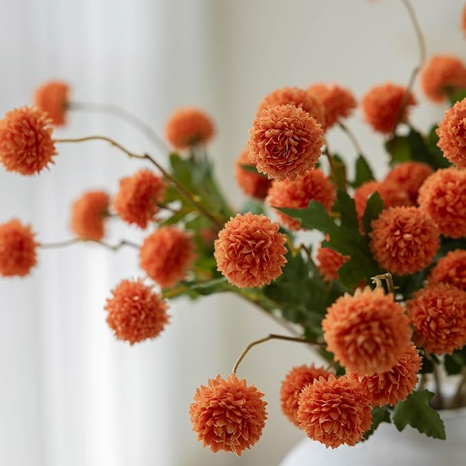 mizii 6Pcs Orange Fake Silk Pompon Mum Artificial Flowers Bulk Small Faux Chrysanthemums with Stems Realistic Floral Decorations for Wedding DIY Bouquet Centerpieces Shower Vase Home Decor (Orange)