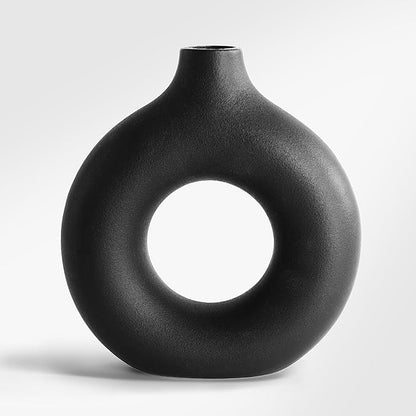 Minimalist Black Donut Ceramic Vase-9 Inch Boho Hollow Flower Vases for Tables Shelves Home Decor, Modern Decorative Circular Vase for Pampas Grass, Dried Flowers, Living Room, Farmhouse
