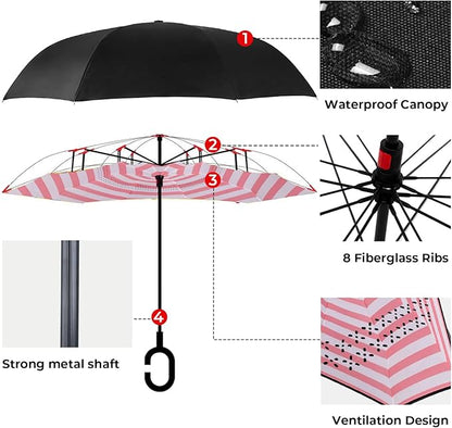 Inverted Umbrella, 49 Inch Double-Layer Vented Reverse Umbrella, Windproof Waterproof UV Protection, Lightweight C-Handle, Fiberglass Ribs, Steel Shaft, Travel/Commute/Car Use, With Sleeve