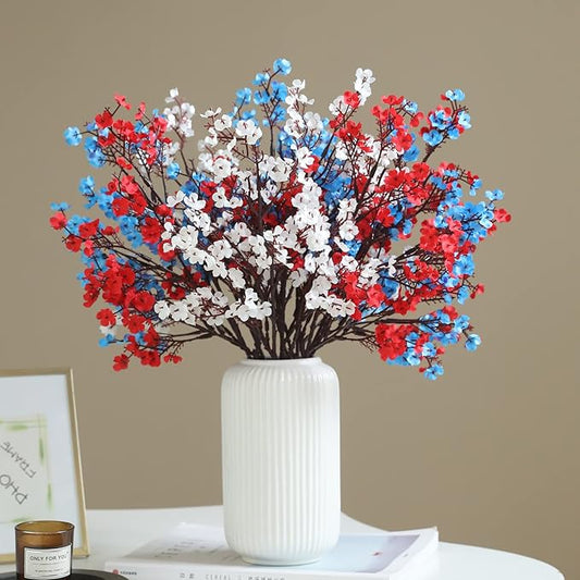 Hananona 10 Pcs 4th of July Flowers Artificial Babys Breath Fake Silk Patriotic Flowers for Independence Day Home Decor Floral Arrangement Table Centerpieces (10, Mix)