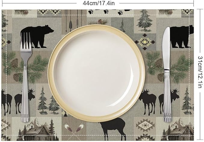 Retro Rustic Lodge Bears Deer Placemats Set of 4, Vintage Cabin Pine Tree Farmhouse Country Style Place Mats, Heat Resistant Non Slip Cotton Linen Dining Table Mats for Home Kitchen 18x12 Inch