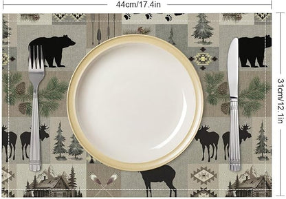 Retro Rustic Lodge Bears Deer Placemats Set of 4, Vintage Cabin Pine Tree Farmhouse Country Style Place Mats, Heat Resistant Non Slip Cotton Linen Dining Table Mats for Home Kitchen 18x12 Inch