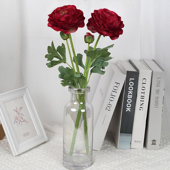Dark Red Ranunculus Artificial Flowers 6PCS Real Touch Ranunculus Flowers Fake Peonies Artificial Flowers for DIY Wedding Bouquet Party Table Home Decor(Dark Red)