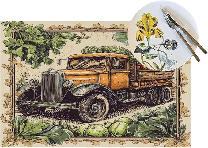 PVC Placemats Set of 1 Wipeable Table Mats Washable Heat Resistant Non Slip Vinyl Dining Table Mat for Kitchen Indoor Outdoor Patio Farmhouse Place Mats Retro Fall Truck Decorative