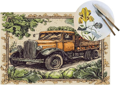 PVC Placemats Set of 4 Wipeable Table Mats Washable Heat Resistant Non Slip Vinyl Dining Table Mat for Kitchen Indoor Outdoor Patio Farmhouse Place Mats Retro Fall Truck Decorative