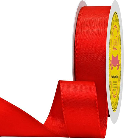 Red Double Face Satin Ribbon 1 inch X 50 Yards Spool Bright Colors Very Suitable for Weddings Gift Package Wrapping Dancer Wand Sewing Party Hair Bow Invitation Decorations and More