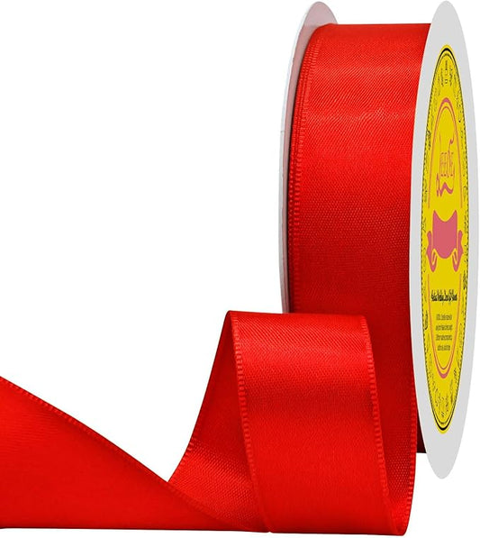 Red Double Face Satin Ribbon 1 inch X 50 Yards Spool Bright Colors Very Suitable for Weddings Gift Package Wrapping Dancer Wand Sewing Party Hair Bow Invitation Decorations and More