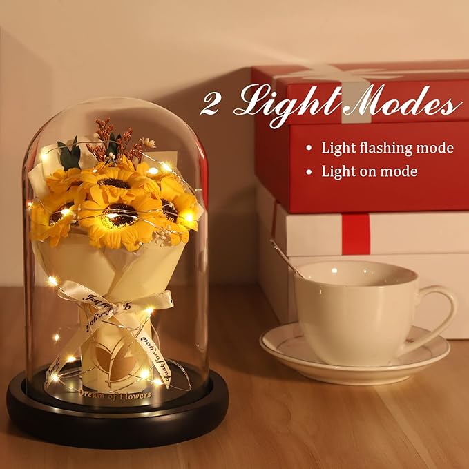 Christmas Sunflower Gifts for Mom-Preserved Artificial Rose Flower Gifts for Women Friends Sister Sunflower Gifts for Her,Light Up Rose in A Glass Dome-Thankgiving Xmas Birthday Valentines Anniversary