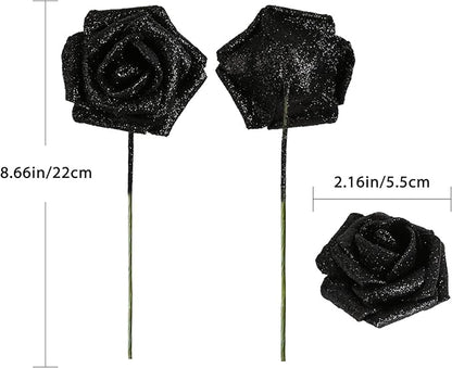 Black Flowers Glitter Rose 30 Pcs Artificial Flowers Glitter Flowers Foam Roses with Stem Faux Flowers for DIY Wedding Bridal Bouquet Party Centerpieces Decor(Black)