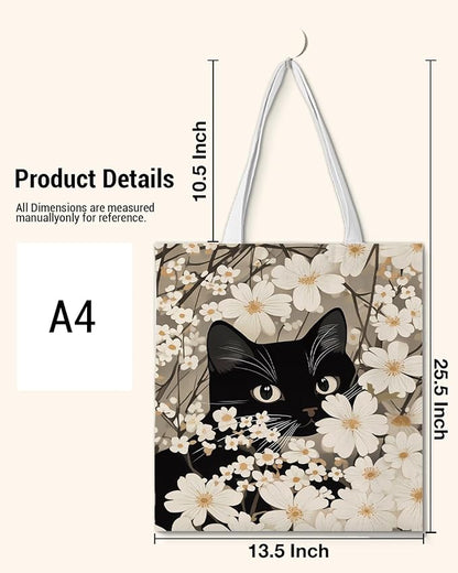 Floral Cat Print Canvas Tote Bag for Women Cat Lovers Kitten in White Flowers Reusable Grocery Shoulder Bag for Shopping Work Beach Travel Aesthetic Totes Gifts