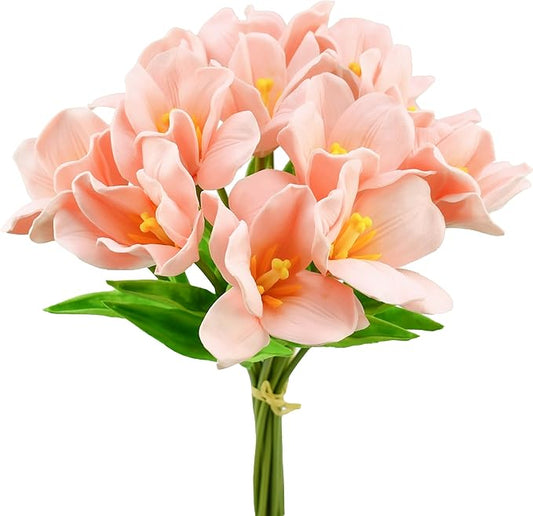 Mandy's Artificial Tulips 12 Stems Pink Fully Bloomed PU Faux Flowers for Thanksgiving and Christmas Decorations Wedding Home Decor 13.5 Inch