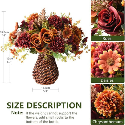 Artificial Faux Flowers in Vase, Fake Silk Floral Arrangements Rose Bouquets with Handmade Rattan Vase, Farmhouse Table Decorations Centerpieces for Dinning Room Kitchen Office Desktop (Brown)