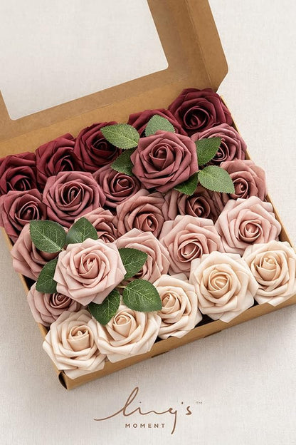 Ling's moment Artificial Flowers, 25Pcs 3" Roses in Burgundy Mauve Shades, Realistic DIY Foam Floral Fill for Wedding Bouquets/Centerpieces, Outdoor Party Backdrops, Room/Table, and Pot Decorations