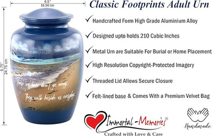 Footprints Cremation Urn - Ocean Blue Memorial Urn with Beach & Waves – Full-Size Handcrafted Metal Funeral Urns for Men & Women’s Ashes (Up to 210 lbs) – A Beautiful Tribute for Ocean Lovers