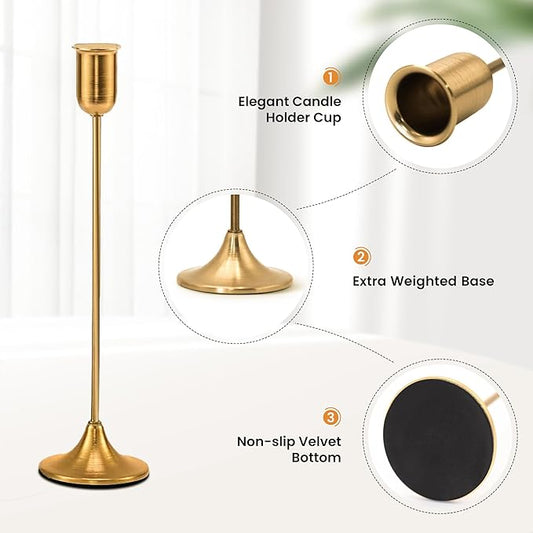 6 Pcs Brass Gold Candle Holders Set, Candelabra Tall Candle Stand, Metal Taper Candlestick Holders for Dining, Table Centerpieces & Vintage Home Decor– Housewarming Gift, Mantel Decor