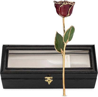 Forever Rose Hand-Dipped in 24K Gold, Garnet-Inspired January Birthstone with Sparkles, Real Rose in Leather Case with LED Light – Perfect Ready to Gift for January Birthday or Any Occasion