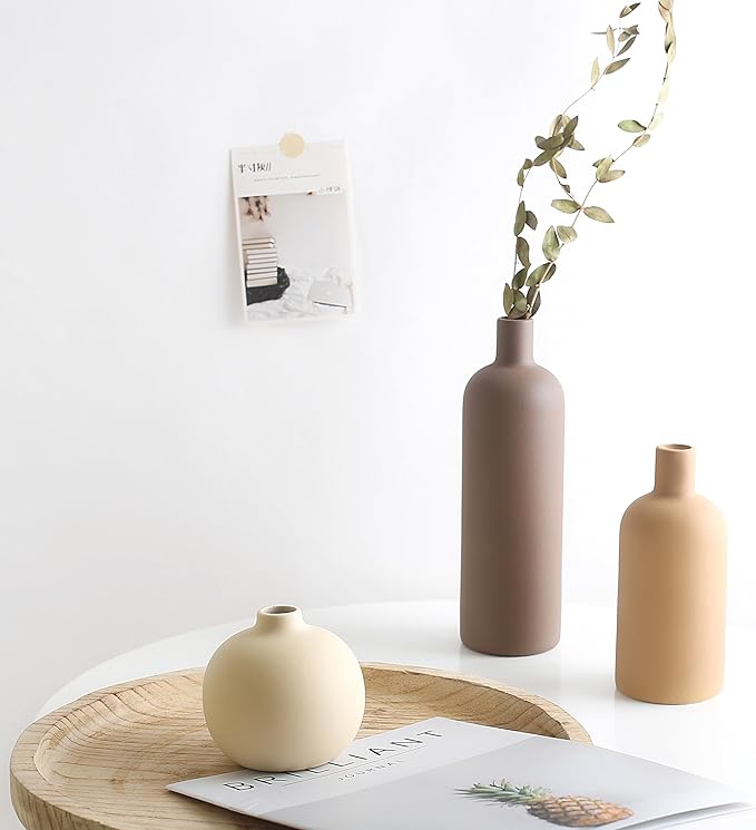 Ceramic Neutral Vase Set for Farmhouse Home Decor, Rustic Decorative Vases for Boho Living Room Centerpieces, Entryway Decorations, Coffee Table, Bookshelf, Fireplace Mantel, Set of 4
