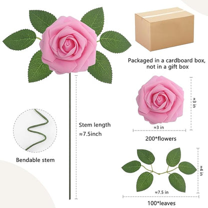 Artificial Flowers Roses Real Looking Foam Fake Roses with Leaves and for DIY Wedding Bouquets Bridal Shower Centerpieces Party Decorations (Dark Pink, 200)