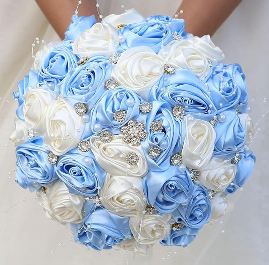 Bridal Wedding Bouquet Round Bling Brooch Bouquet Throw Toss Artificial Rose Flower Bunch for Bride Bridesmaid Wedding Quinceanera(Light Blue & Ivory, 9.8")
