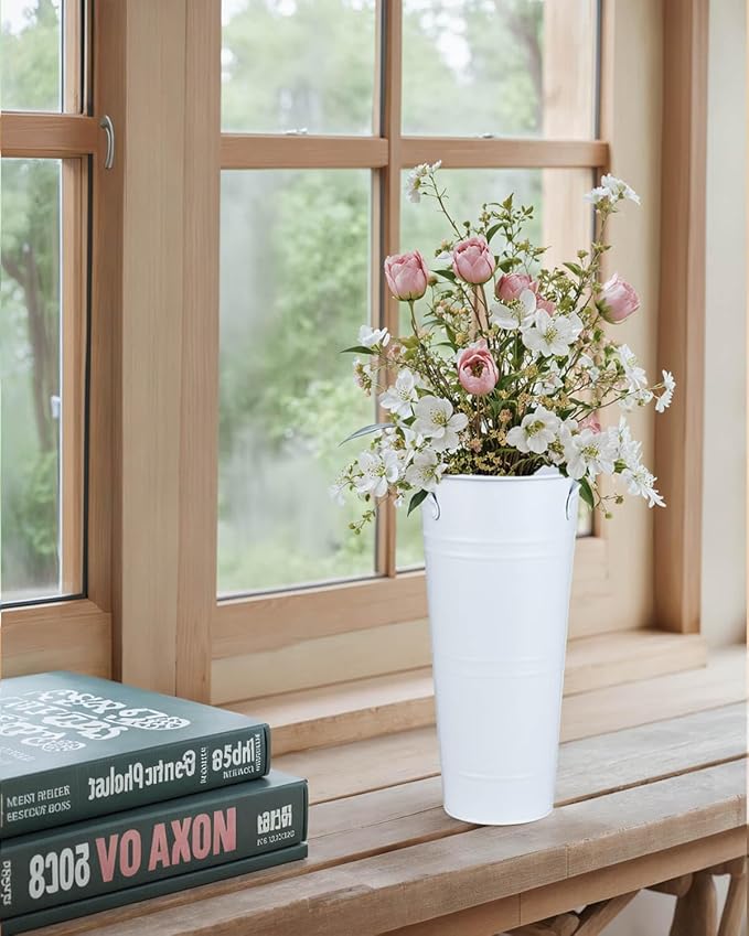 9 Inch Galvanized Metal Vases for Flowers - 6 Pcs Farmhouse Decorative Tall Flower Bucket with Handles, Rustic French Tin Planter Buckets for Wedding Decor (Pure White)