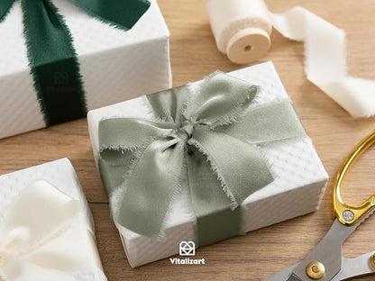 Vitalizart Green & White Silk Satin Ribbon 1 Inch x 15 Yard Wooden Spool Handmade Frayed Ribbon for Gift Wrapping Baby Shower Wedding Bridal Bouquets Holiday Decor Dark Dusty Cream