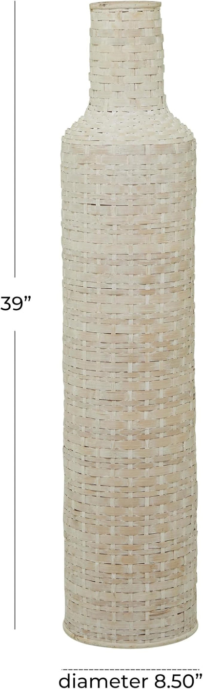 Deco 79 Bamboo Wood Decorative Vase, Tall Woven Floor Centerpiece, Round Vase for Home Decoration, White and Beige, 8.5" x 8.5" x 39"