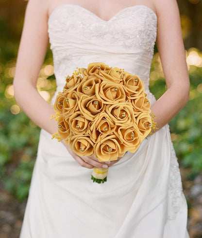Foam Roses with Pearls 2.56in 50PCS Gold Roses Artificial Flowers Bulk Foam Flowers with Stem for Wedding, Bridal Shower, Cake, Graduation and Home Decor(Gold)