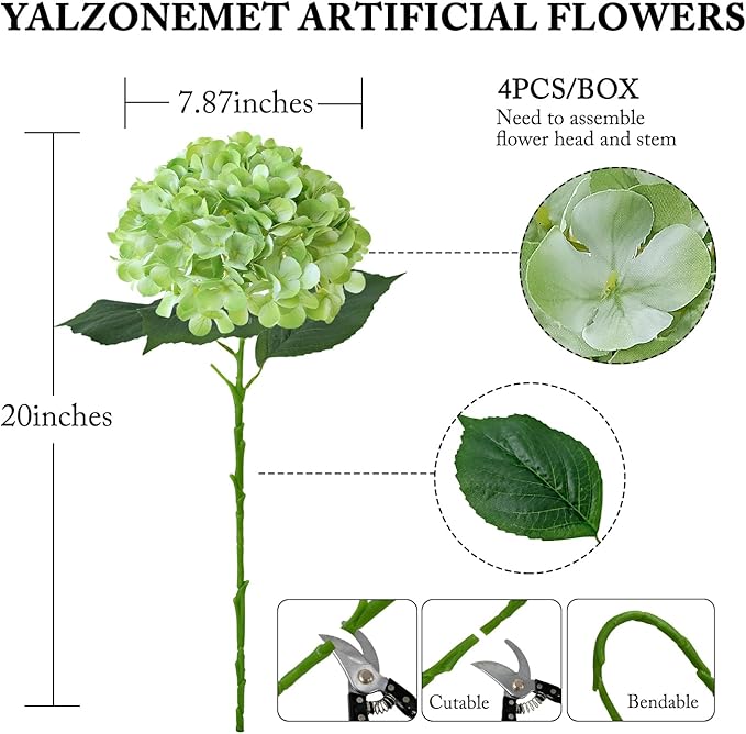 YalzoneMet 4Pcs Light Green Silk Hydrangea Artificial Flower Lifelike Big Blooms 20'' Long Stem Faux Hydrangea Flower Bouquets for Home Party Indoor Outdoor Wedding Table Centerpiece Decor