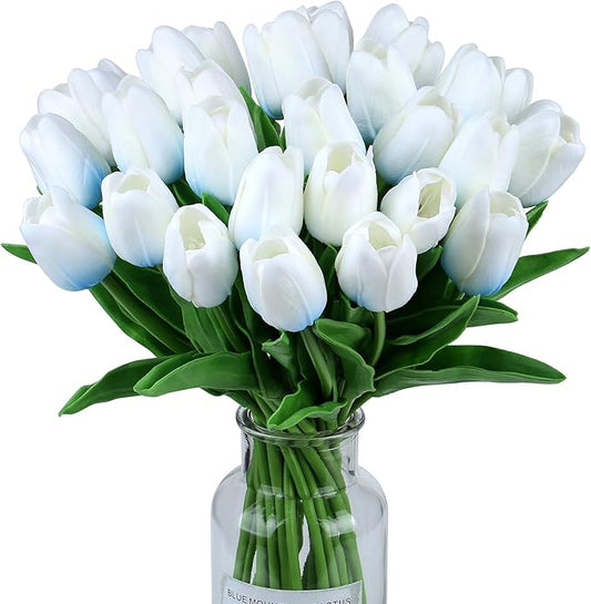 SITUMEIZI 15pcs Fake Tulips Artificial Flowers Real Touch 14" Silk Flower for Home Kitchen Decor Spring Easter Wedding Bouquet Decorations Office Floral Arrangements(Blue on White)