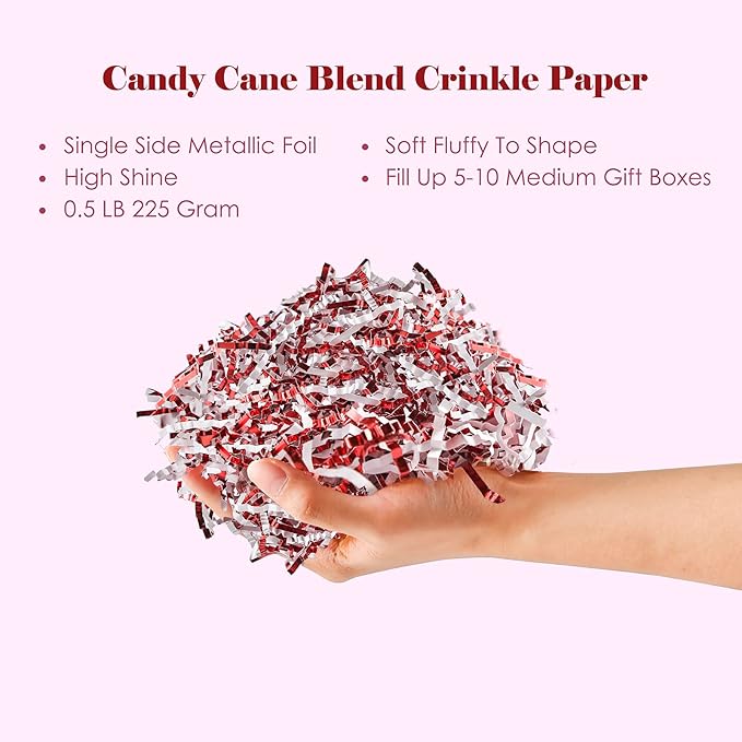 UNIQOOO 1/2 LB Metallic Red White Crinkle Cut Paper, Candy Cane Shredded Filler, Christmas Peppermint Zig Fill Raffia Tissue, Strands Shred Craft Bedding Cushion,Wedding Birthday Gift Boxes Bag Retail