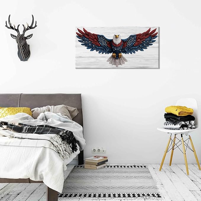 IDAFU Bald Eagle Canvas Wall Art USA Eagle Wall Décor -Patriotic Red Blue Flag Painting,USA Independence Day & 4th of July Décor,Ready to Hang for Living Room, Bedroom, Office, Dorm 58L x28W