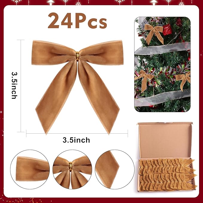 24 Pcs Camel Small Velvet Christmas Bows for Christmas Tree, Wreath, Gift Wrapping, Crafts, Wedding, Party, Twist Tie Bows for Treat Bag Bakery Candy Bags, Home Decor 1" W,3.5 x 3.5 inch