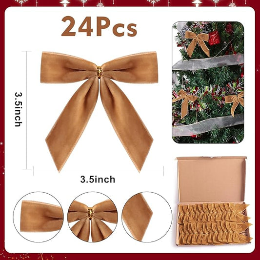 24 Pcs Camel Small Velvet Christmas Bows for Christmas Tree, Wreath, Gift Wrapping, Crafts, Wedding, Party, Twist Tie Bows for Treat Bag Bakery Candy Bags, Home Decor 1" W,3.5 x 3.5 inch