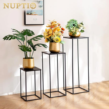 Nuptio Black Vase Plant Stand - 3 Pcs Tall Flower Vases for Wedding Birthday Party Centrepieces - Metal Column Display Table Rack Indoor Corner Flower Stand for Living Room Decor(15.7/23.6/31.5in)