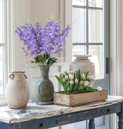 8PCS Purple Delphinium Artificial Flowers 33.5'' Faux Hyacinth Flowers Long Stem Silk Flowers for Tall Vase Home Wedding Table Decor(Light Purple)