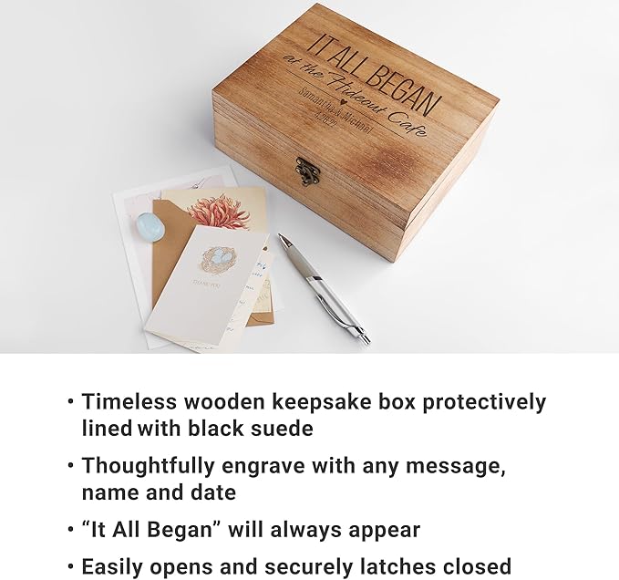 Let's Make Memories Personalized Wooden Keepsake Box With Hinged Lid - Wood Memento Box - Decorative Storage - Home Decor - For Couples, Wedding, Newlyweds - Laser Engraved - Where It All Began