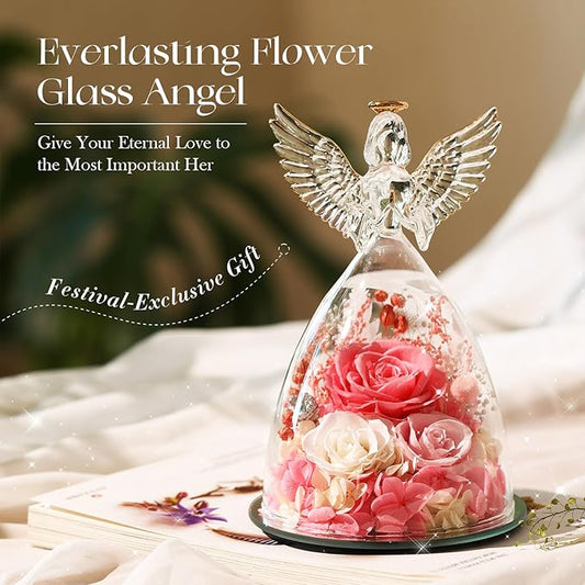 Christmas Roses Gifts for Mom,Preserved Real Flowers Roses in Glass Angel Figurines, for Grandma Women Mom Wife Mother in Law/Pink