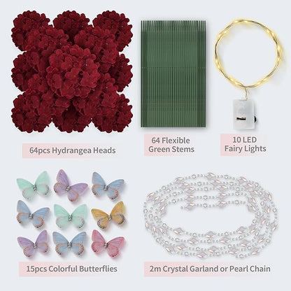 64PCS Artificial Hydrangea Flowers with Stems, Silk Hydrangea Heads with LED Decorative Lights, Crystal Strings & Butterfly Accents for Wedding Centerpieces and Home Decor(64, Burgundy)