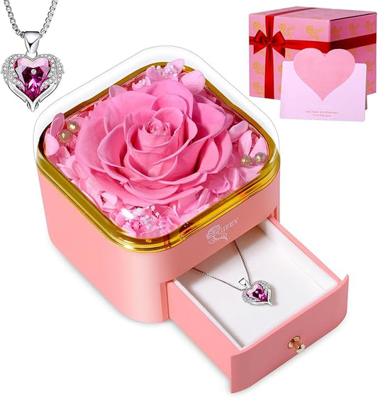 Chritmas Rose Gifts for Women,Preserved Rose with Necklace Forever Flowers Pink Rose Birthday Gifts for Women Mom Grandma Her Wife Girlfriend on Christmas Valentines Day Anniversary Birthday Gifts
