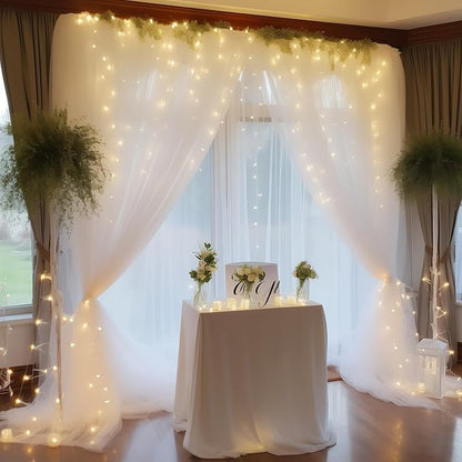 10ft x 8ft White Backdrop Curtain with Lights String for Parties, Sheer Tulle Wedding Photo Backdrops Drapes for Baby Shower Birthday Party Decorations Background for Photography