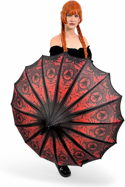Pagoda Umbrella - Artisan Design with Bat Wing Scalloped Edges, Full Size Waterproof Windproof UV Protection Gothic Parasol with Carry Case