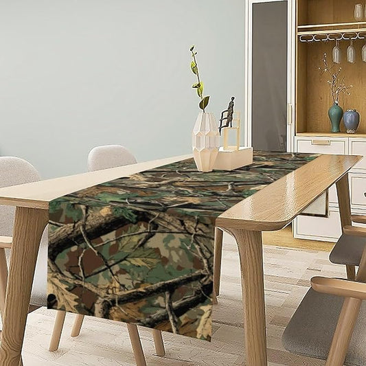 Forest Camouflage Table Runner, Camo Conifer Oak Branches Leaves Military Mossy Lodge Country Camp Cabin Theme Dinner Table Runner for Home Kitchen Dining Table Decoration 13"x120"