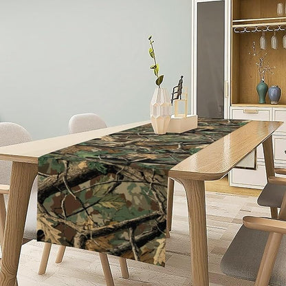 Forest Camouflage Table Runner, Camo Conifer Oak Branches Leaves Military Mossy Lodge Country Camp Cabin Theme Dinner Table Runner for Home Kitchen Dining Table Decoration 13"x90"