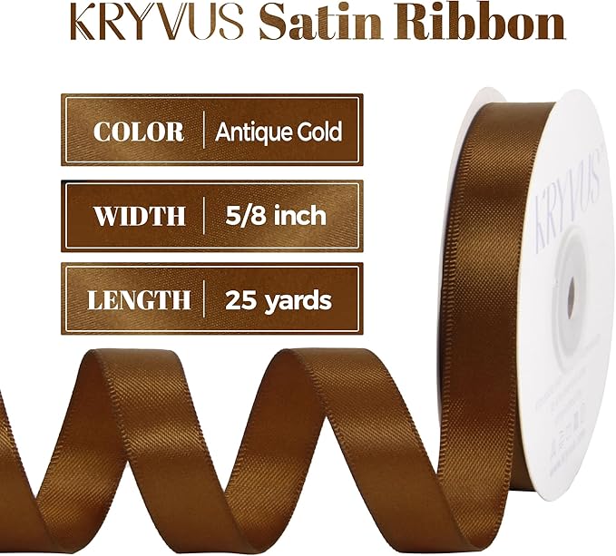 Antique Gold Satin Ribbon, Double Faced 5/8 Inch X 25 Yards Antique Gold Ribbon, Premium Satin Ribbons for Gift Wrapping, Crafts, Hair Bow Making, Sewing, Flower Bouquet, Wedding Party Decor