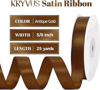 Antique Gold Satin Ribbon, Double Faced 5/8 Inch X 25 Yards Antique Gold Ribbon, Premium Satin Ribbons for Gift Wrapping, Crafts, Hair Bow Making, Sewing, Flower Bouquet, Wedding Party Decor